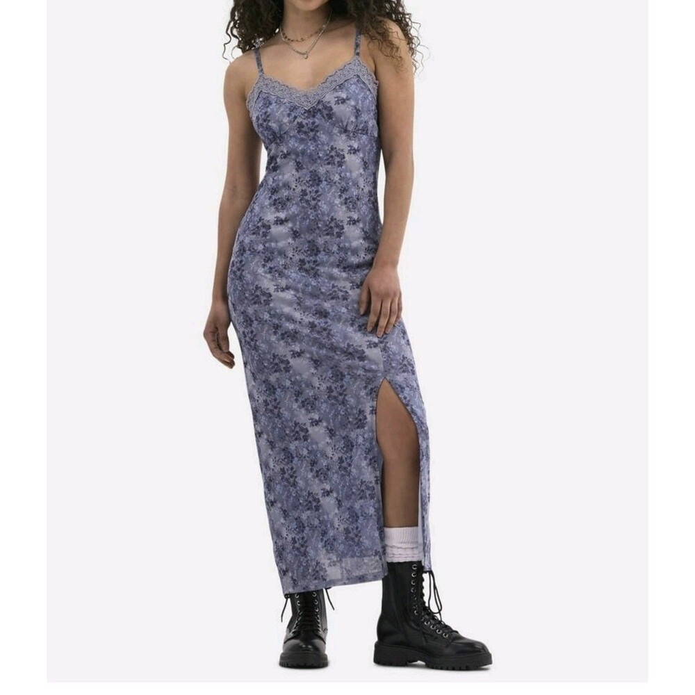Maxi Lace Slip Floral Dress Large Blue Romantic Sweetheart Neckline Fairy Whimsy